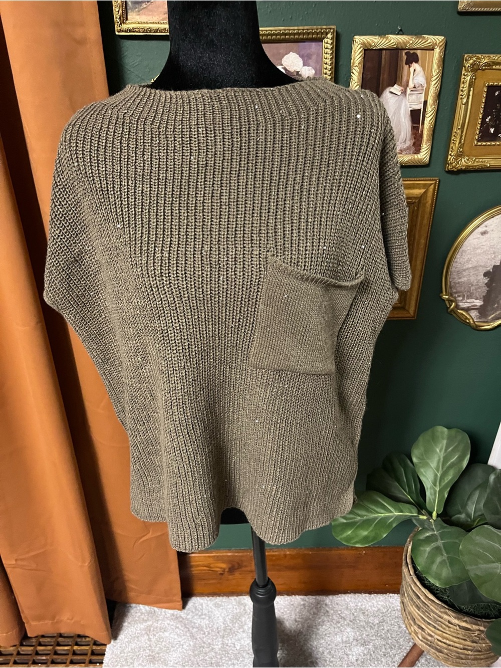 Davi & Dani Brown Sequin Knit Poncho with Pocket